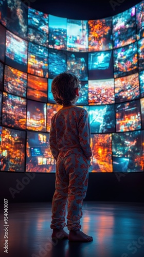 A child in pyjama standing in front of a curved wall with multiple screens, childhood in a flood of media concept