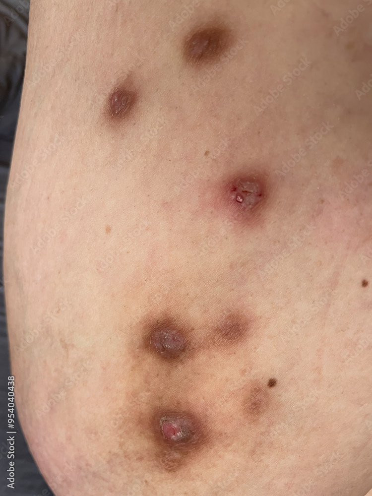 Entzündliche Veränderungen Pusteln, Ausschlag auf der Haut Entzündliche Veränderungen Pusteln, Ausschlag auf der Haut