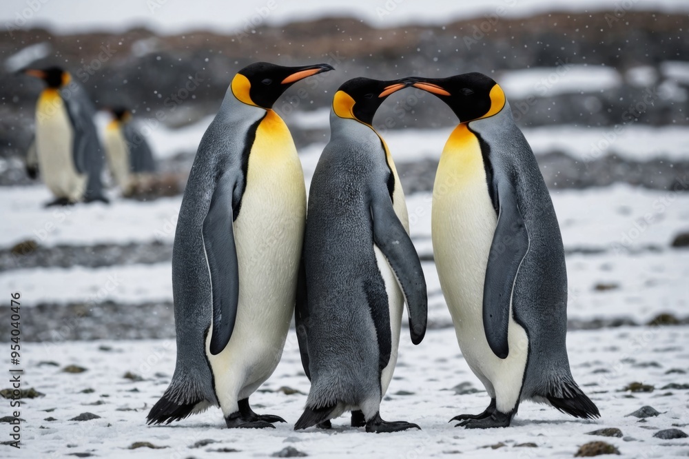 Obraz premium King penguin mating couple cuddling in wild nature, snow and ice