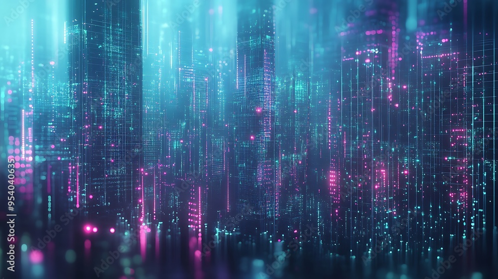 Fototapeta premium Abstract Digital Cityscape with Glowing Lines and Lights