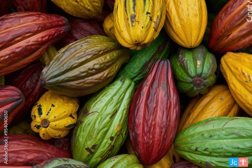 Cacao Pod Harvest. Organic Raw Material for Chocolate Ingredients in Various Colors