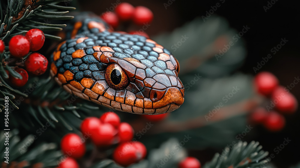 Fototapeta premium glass gold christmas tree decoration in the shape of a snake head with scale texture hanging on a fir-tree branch, new year 2025, symbol, chinese horoscope, decor, winter, blurred background, postcard