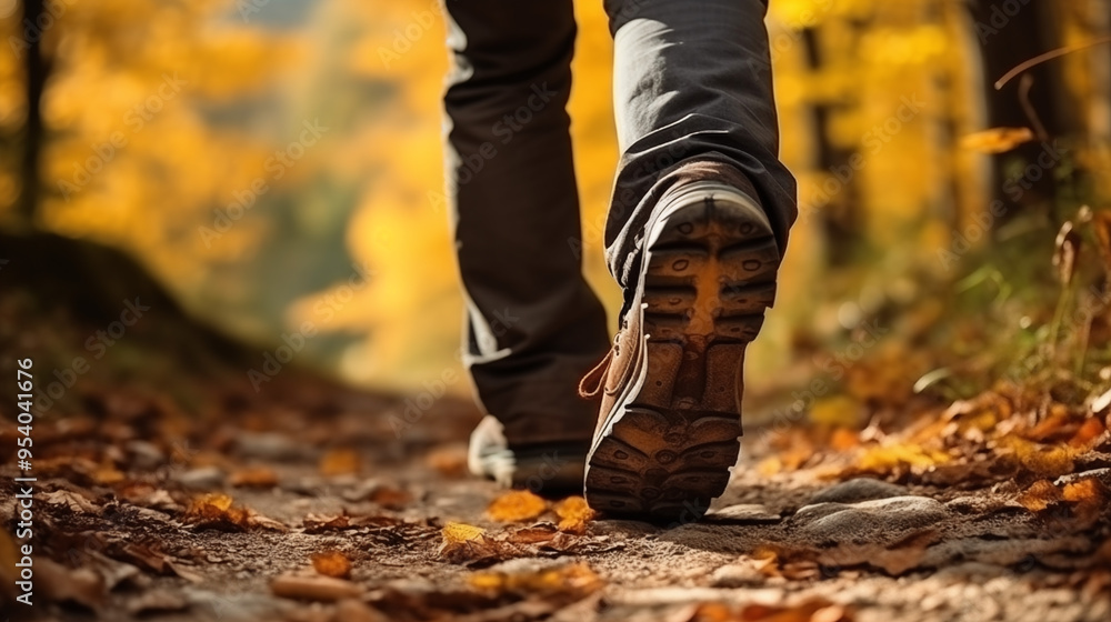 Autumn walk on forest path. Man's sturdy boots step on crisp leaves. Autumn walk on forest path. Man's sturdy boots step on crisp leaves.