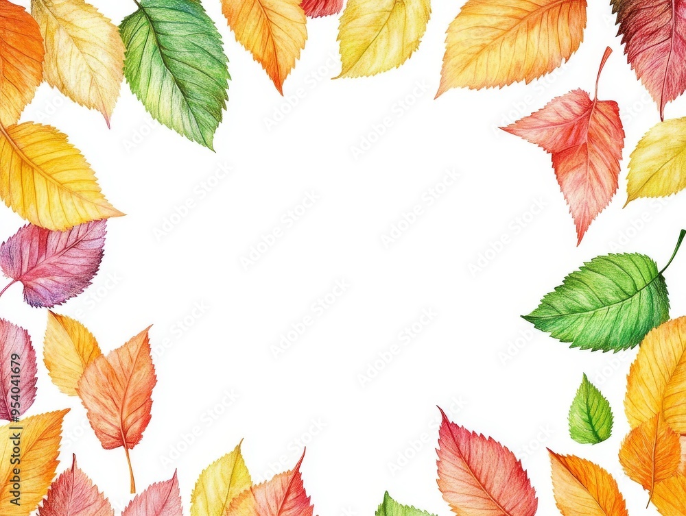 Obraz premium frame of colorful autumn leaves on a white background, pencil drawing