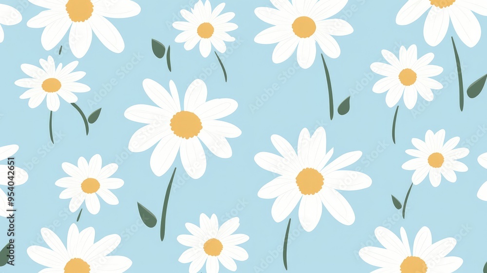 A light blue background adorned with various white daisies featuring yellow centers, creating a cheerful and fresh pattern. A light blue background adorned with various white daisies featuring yellow centers, creating a cheerful and fresh pattern.