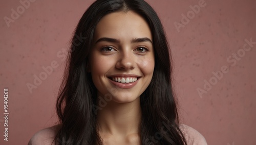 Young woman smiling with dark hair in front of a pink backdrop.