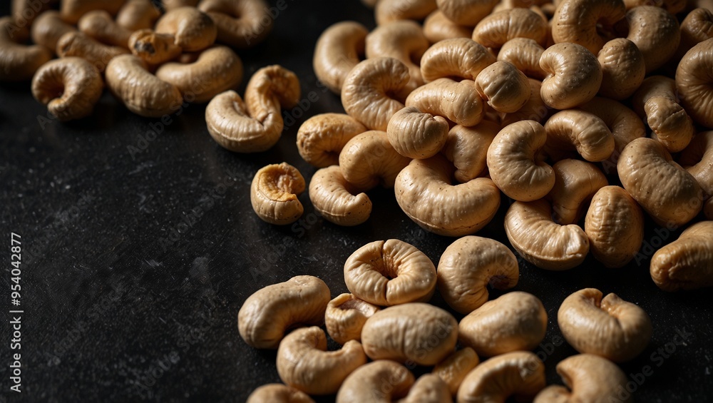 Close-up of plump and raw cashew nuts scattered on a dark surface