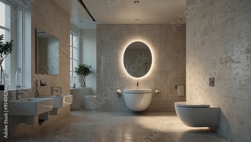 Modern, well-lit bathroom with minimalist design and large mirror.