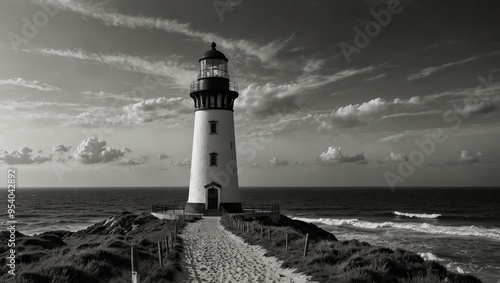 Scenic lighthouse by the sea under a partly cloudy sky at sunset.