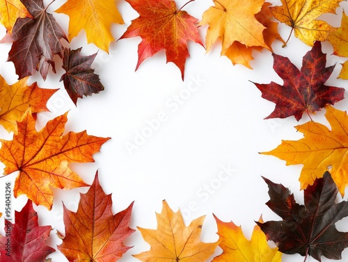 frame of colorful autumn leaves on a white background, photo