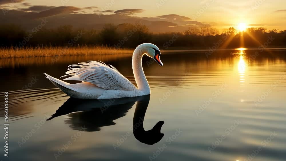 Swan gracefully gliding on tranquil lake at sunset, serene landscape scenery. Nature and tranquility concept Swan gracefully gliding on tranquil lake at sunset, serene landscape scenery. Nature and tranquility concept