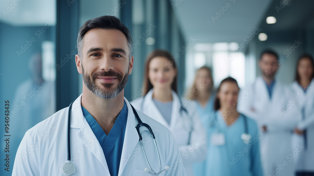 A confident male doctor stands at the forefront, smiling warmly, with his diverse team of healthcare professionals, including doctors and nurses, behind him. They are all dressed i A confident male doctor stands at the forefront, smiling warmly, with his diverse team of healthcare professionals, including doctors and nurses, behind him. They are all dressed i