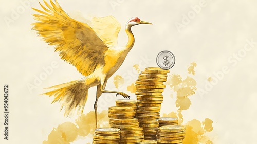 Golden Crane Standing on a Stack of Gold Coins