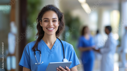 Free Download A cheerful female nurse in a modern medical facility is seen with a tablet, showcasing her positive attitude and readiness to assist. Her smile suggests a welcoming environment, wh - GFXLoad