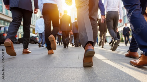 Groups of men in suits walk purposefully along a city sidewalk during late afternoon, with sunlight casting warm tones and creating a lively urban atmosphere photo