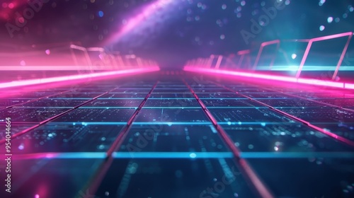 Futuristic neon grid with pink and blue lights, resembling a digital landscape in a sci-fi setting, with glowing pathways and cosmic background.