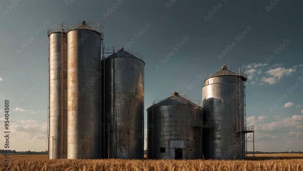 Cluster of large metal silos in a vast wheat field under clear sky. Cluster of large metal silos in a vast wheat field under clear sky.