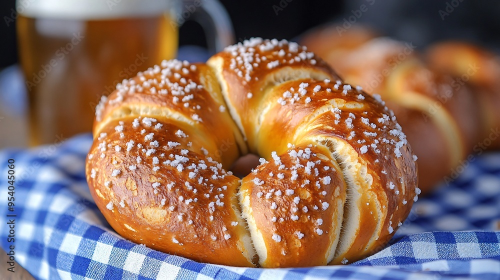 Close-up of traditional Oktoberfest pretzel with beer on table Close-up of traditional Oktoberfest pretzel with beer on table