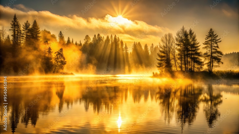 Golden sunrise reflecting off a serene lake. Golden sunrise reflecting off a serene lake.