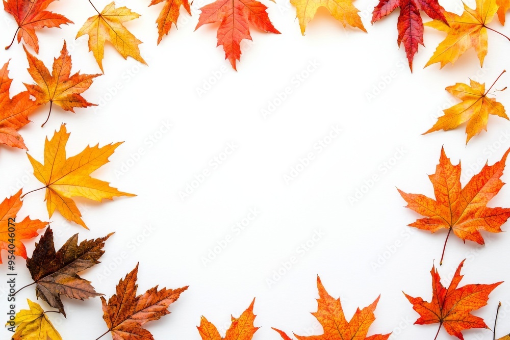 Autumn Maple Leaves Flat Lay White Background created with Generative AI Autumn Maple Leaves Flat Lay White Background created with Generative AI