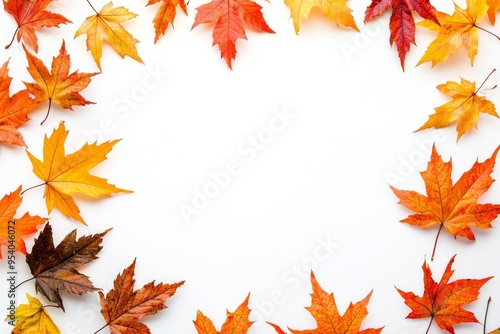 Autumn Maple Leaves Flat Lay White Background created with Generative AI