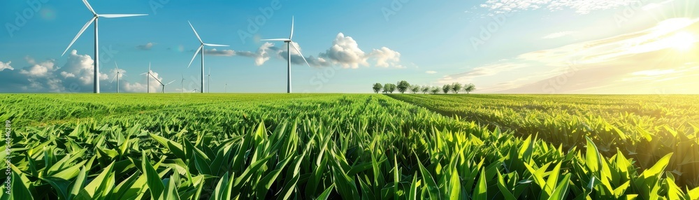Fototapeta premium Panoramic view of lush green fields with wind turbines under a clear blue sky, capturing renewable energy and sustainable agriculture.