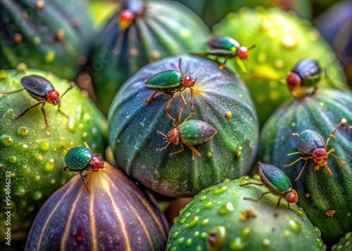 Close-Up Shot Of Dark Green Figs With Tiny Beetles Crawling On Their Hairy Skin photo