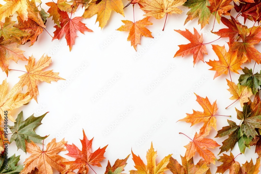 Autumn Maple Leaves Flat Lay White Background created with Generative AI Autumn Maple Leaves Flat Lay White Background created with Generative AI
