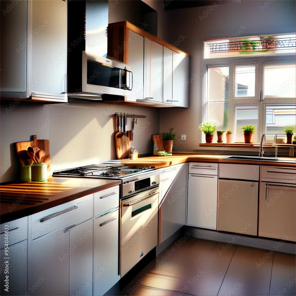 A kitchen with a stove top oven next to a window A kitchen with a stove top oven next to a window