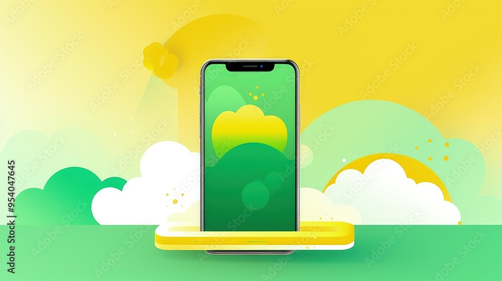 Fototapeta premium A vibrant smartphone illustration showcasing a green and yellow color palette with abstract cloud shapes.