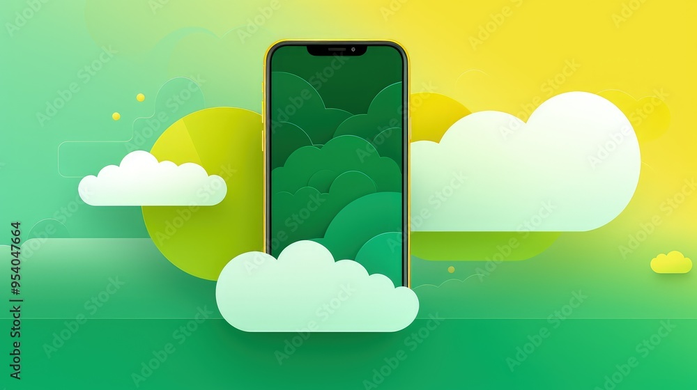 Fototapeta premium A vibrant digital illustration featuring a smartphone surrounded by stylized clouds and circular shapes in green and yellow hues.