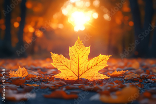 Maple leaf is falling on ground with golden bokeh in the background