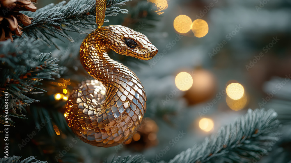 glass gold christmas tree decoration in the shape of a snake head with scale texture hanging on a fir-tree branch, new year 2025, symbol, chinese horoscope, decor, winter, blurred background, postcard glass gold christmas tree decoration in the shape of a snake head with scale texture hanging on a fir-tree branch, new year 2025, symbol, chinese horoscope, decor, winter, blurred background, postcard