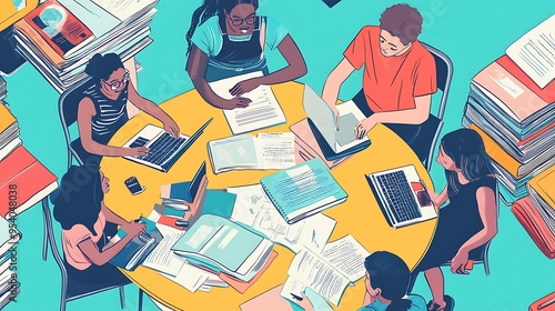 Diverse group of students studying around a table with laptops and books photo