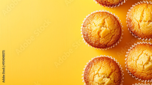 Wallpaper Mural Four yellow muffins on a yellow background. The muffins are small and round, with a slightly crumbly texture. The background is bright and cheerful, creating a warm and inviting atmosphere Torontodigital.ca