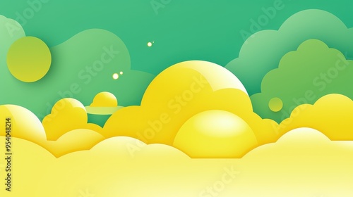 A vibrant, abstract landscape featuring soft, rounded shapes in shades of yellow and green, evoking a cheerful atmosphere.