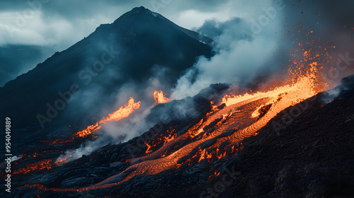 A dramatic shot of a volcanic mountain with smoke and lava flows during an eruption.