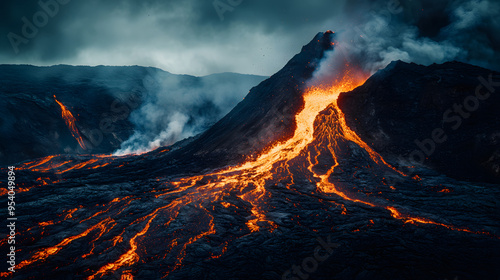 A dramatic shot of a volcanic mountain with smoke and lava flows during an eruption.