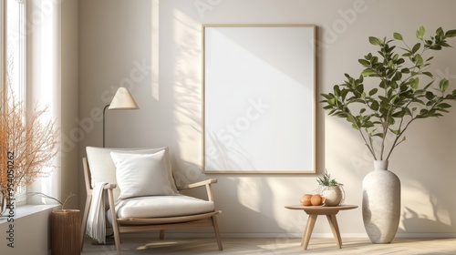 Cozy Living Room with mockup frame, Armchair, and Elegant Decor