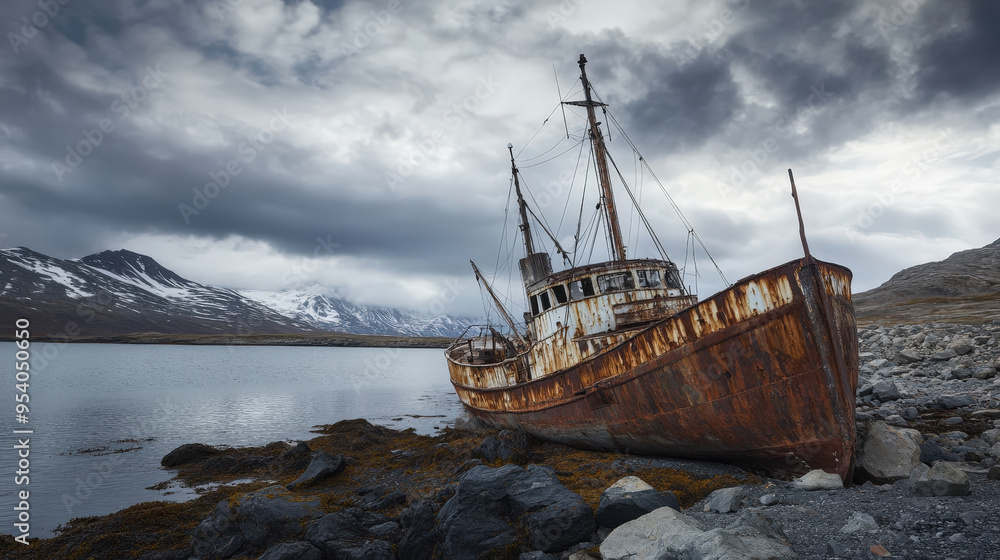 Abandoned Rusty Shipwreck on Rocky Shore Abandoned Rusty Shipwreck on Rocky Shore