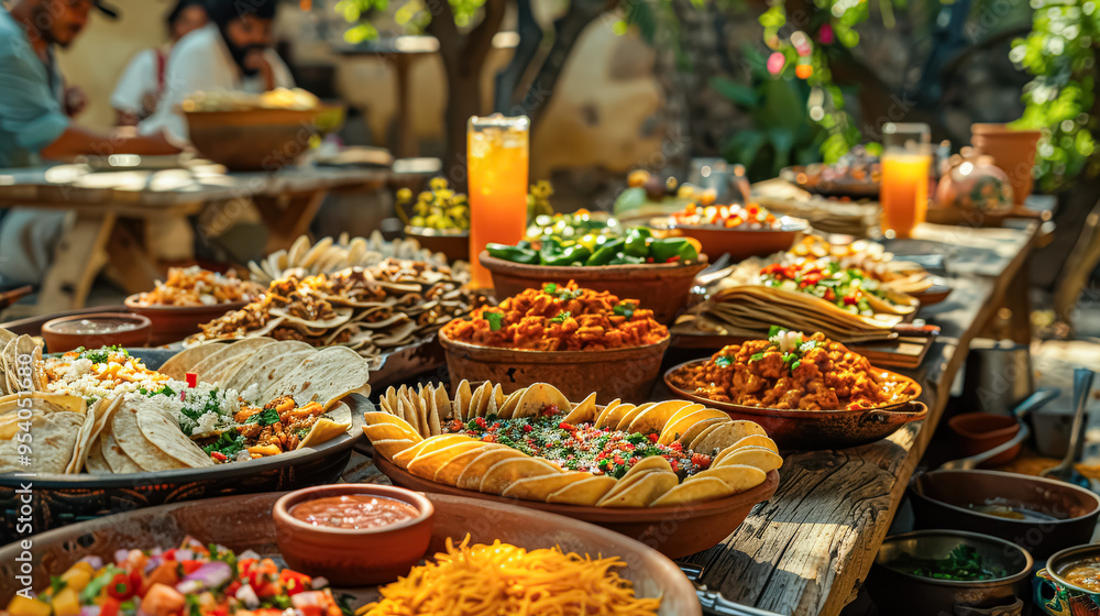 Fototapeta premium A table full of food with a variety of dishes including tacos, beans, and salad. The table is set with utensils and bowls, and there is a person reaching for a plate. Scene is inviting and welcoming