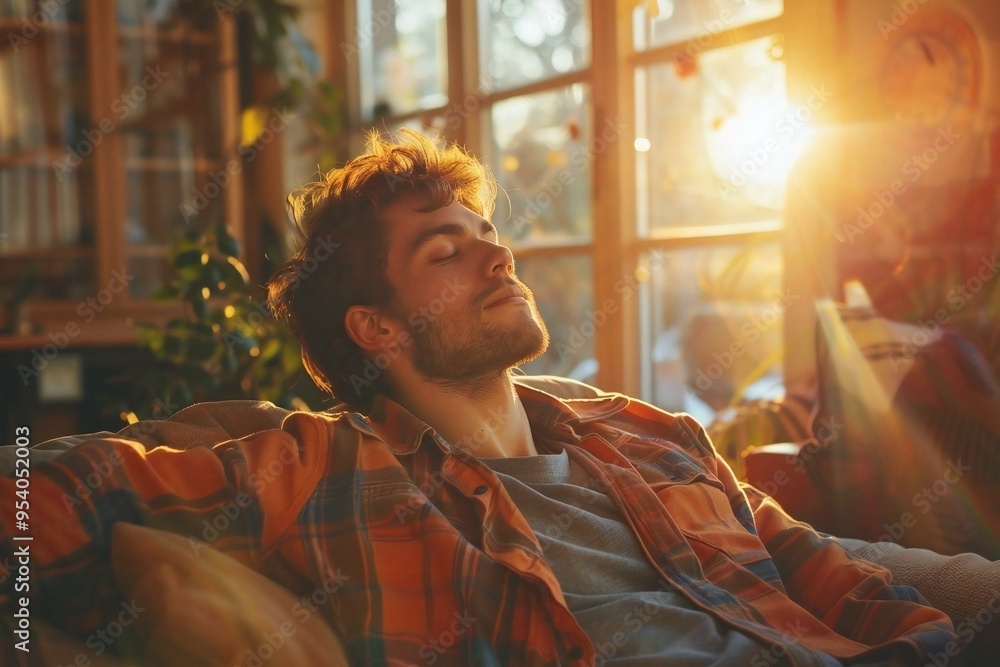 Man in casual clothes relaxing on a comfortable sofa in a cozy living room setting. Man in casual clothes relaxing on a comfortable sofa in a cozy living room setting.