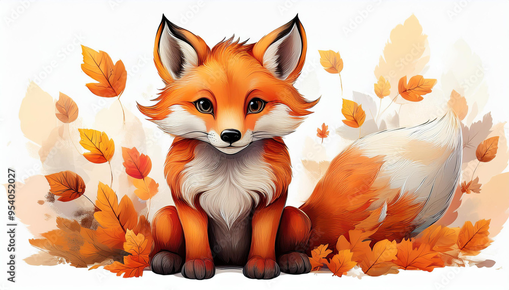 Fototapeta premium illustration of an autumn fox on a white background in a children's style, perfect for use in children's books, nursery decor, greeting cards, seasonal designs, educational materials