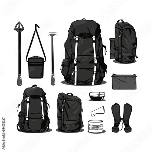 Camping Backpack Silhouette set items clipart