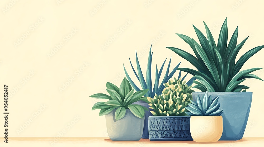 A Collection of Potted Plants Against a Cream Wall A Collection of Potted Plants Against a Cream Wall