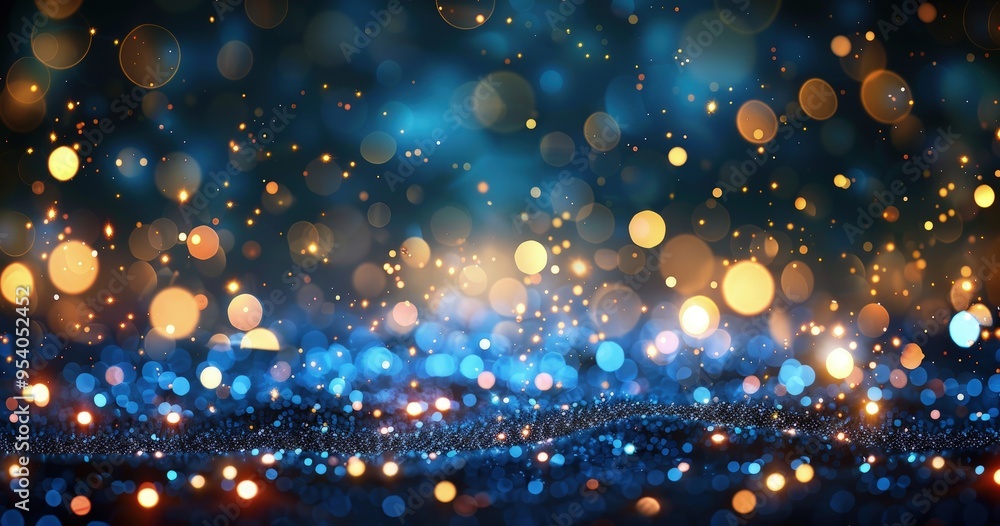 Obraz premium A mesmerizing abstract background featuring vibrant bokeh lights in blue and gold hues, perfect for festive or celebratory themes.