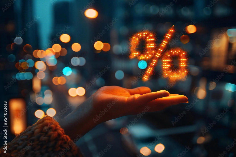 Close-up shot of a hand holding a percentage sign, signifying discounts or taxes. Close-up shot of a hand holding a percentage sign, signifying discounts or taxes.