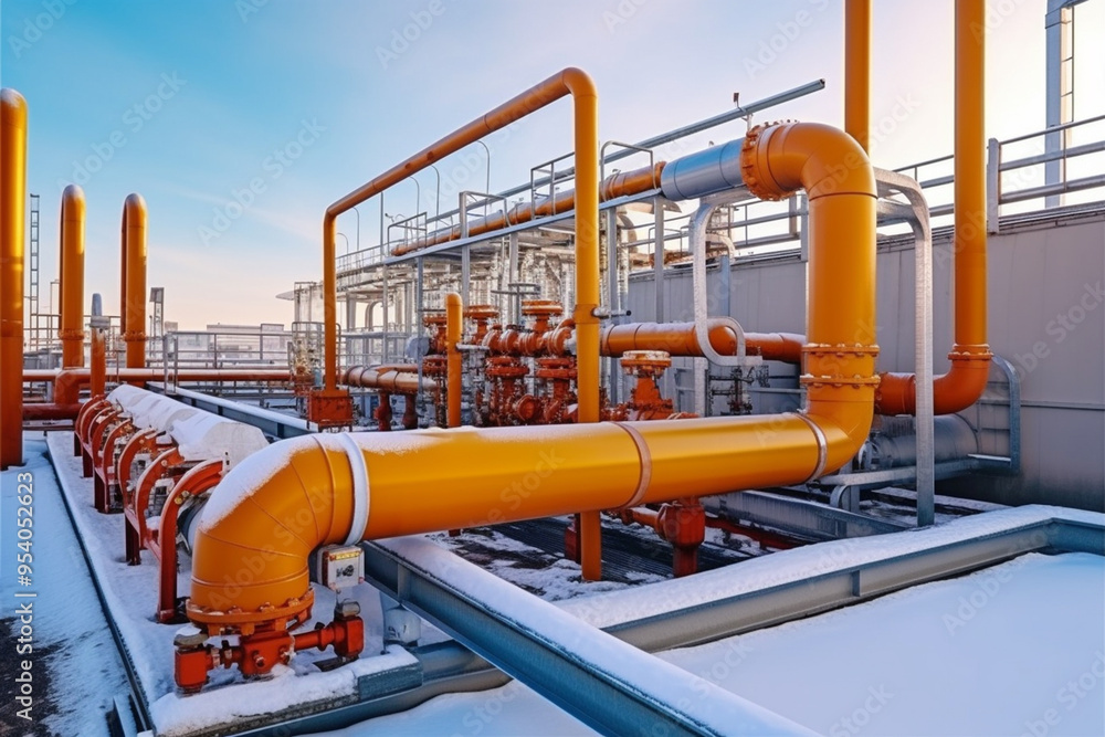 Oil and gas processing plant with pipe line valves. Pipelines in a gas compression station Oil and gas processing plant with pipe line valves. Pipelines in a gas compression station