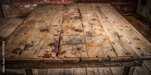 Rustic wooden table with a weathered surface.