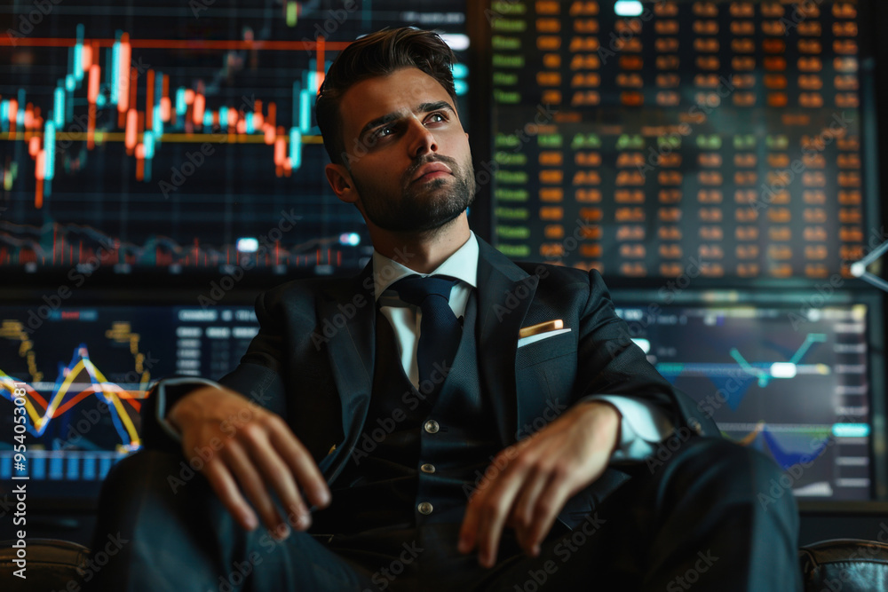 Rich man in suit sitting, background is full of trading charts, Rich man in suit sitting, background is full of trading charts,